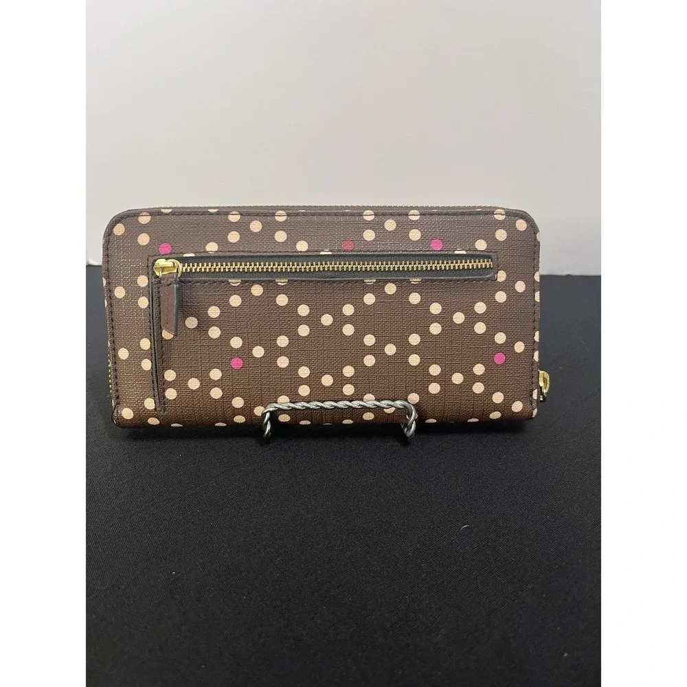 Fossil Sydney Clutch Wallet Brown Pink Polka Dot Coated Canvas Organizer A467
